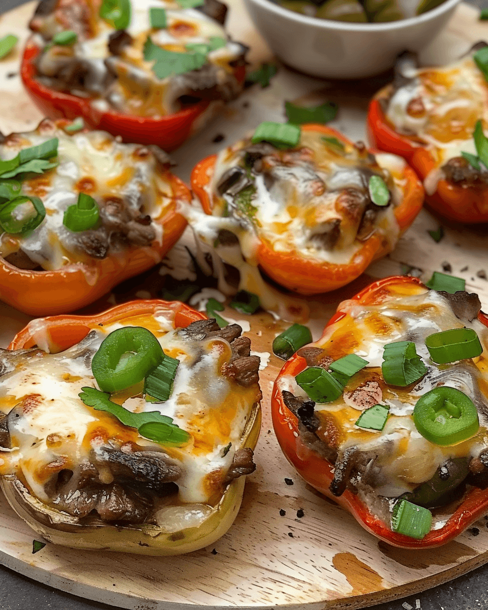 Close-up of Philly Cheesesteak Bell Pepper Bites, filled with seasoned beef, melted provolone cheese, and fresh herbs, served on a plate.