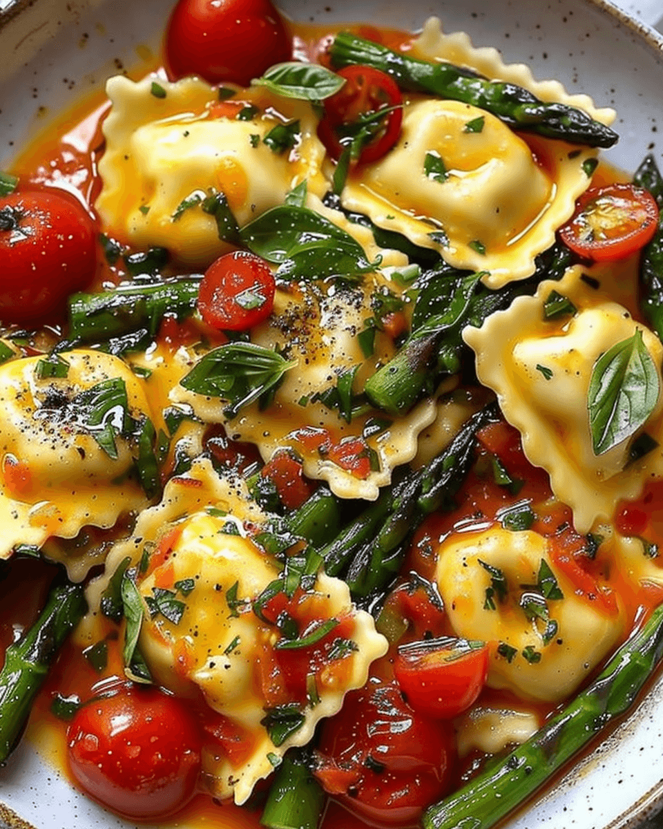 Ravioli With Tomatoes, Asparagus, Garlic, And Herbs in a bowl, with cheese ravioli, bright red tomatoes, crisp green asparagus, and fresh basil.