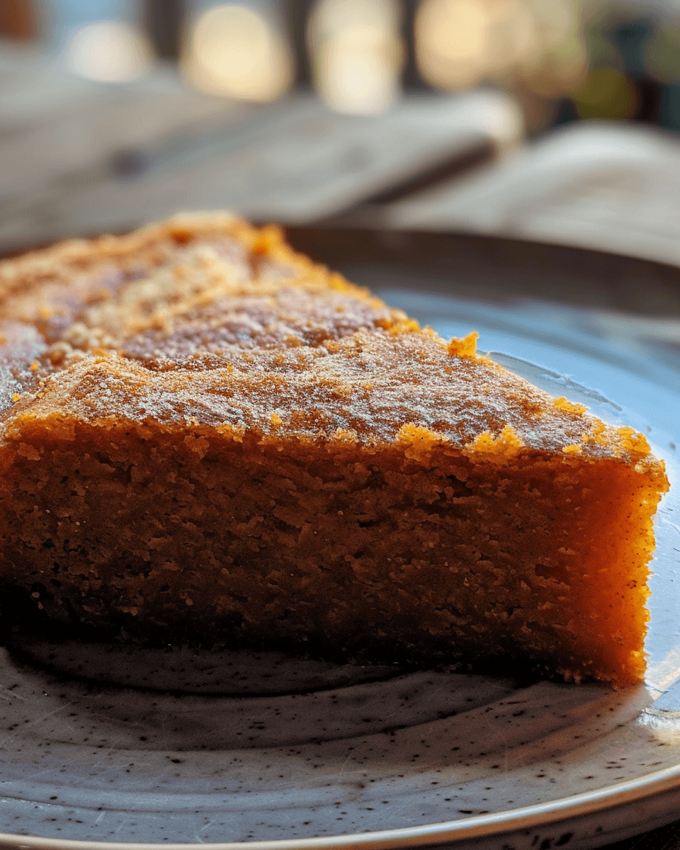A golden slice of Spiced Sweet Potato & Ginger Flourless Cake, topped with creamy white glaze and candied ginger pieces.