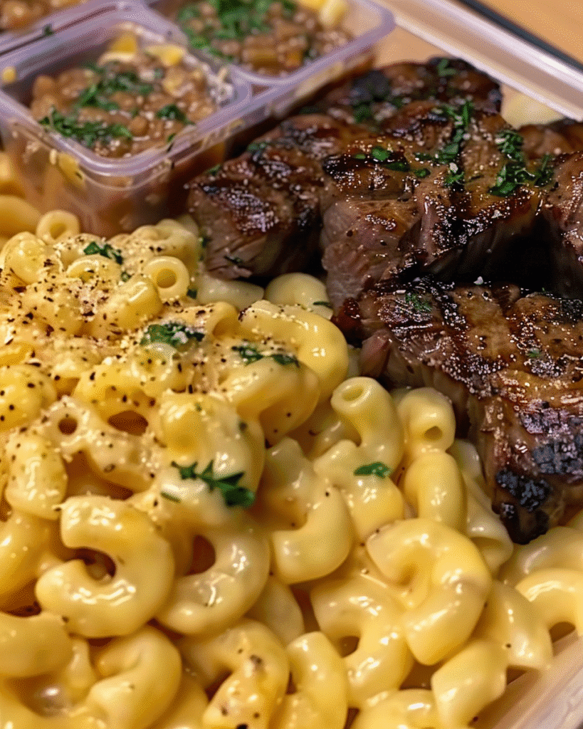 A close-up of creamy orange Cajun Alfredo pasta with seared garlic butter steak bites, garnished with fresh green herbs.