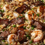 Close-up of steak and shrimp fried rice with peas, onions, scrambled egg, and herbs in a skillet.