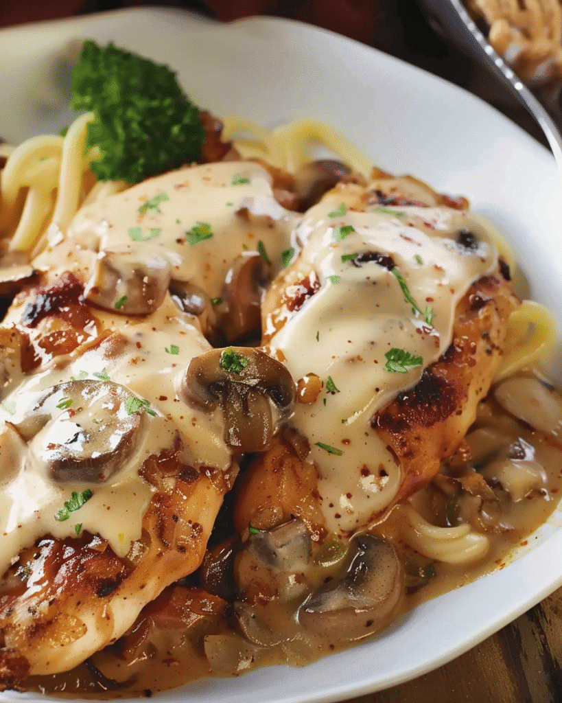 Close-up of Texas Roadhouse Smothered Chicken with grilled chicken, sautéed mushrooms, onions, and melted cheese on top, garnished with fresh parsley.