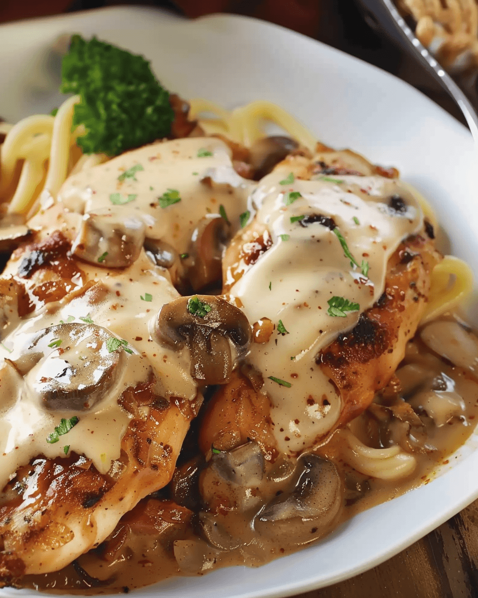 Close-up of Texas Roadhouse Smothered Chicken with grilled chicken, sautéed mushrooms, onions, and melted cheese on top, garnished with fresh parsley.
