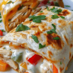 Grilled chicken burrito with melted cheese, diced bell peppers, and creamy ranch sauce, garnished with fresh herbs.