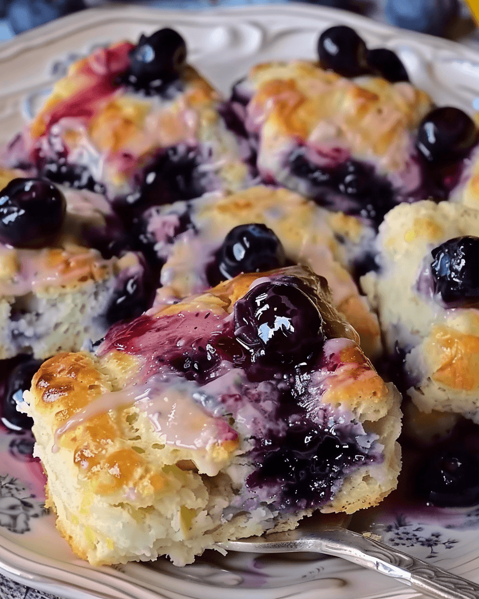Fluffy, golden Lemon Blueberry Butter Swim Biscuits, drizzled with sweet glaze and fresh blueberries, on a decorative plate.