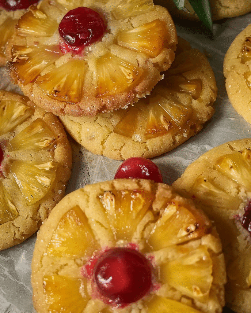 Close-up of golden Pineapple Upside Down Sugar Cookies with caramelized pineapple rings and a soft, buttery texture.