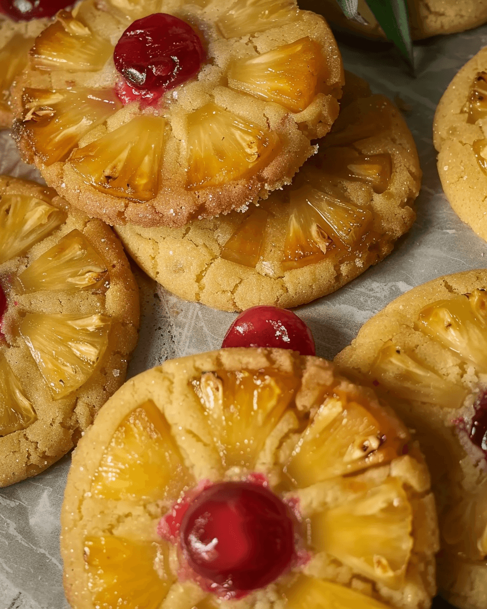 Close-up of golden Pineapple Upside Down Sugar Cookies with caramelized pineapple rings and a soft, buttery texture.