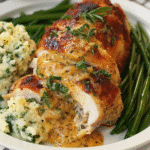 Sliced stuffed chicken breast topped with creamy sauce and fresh herbs, served with mashed potatoes and green beans on a white plate.