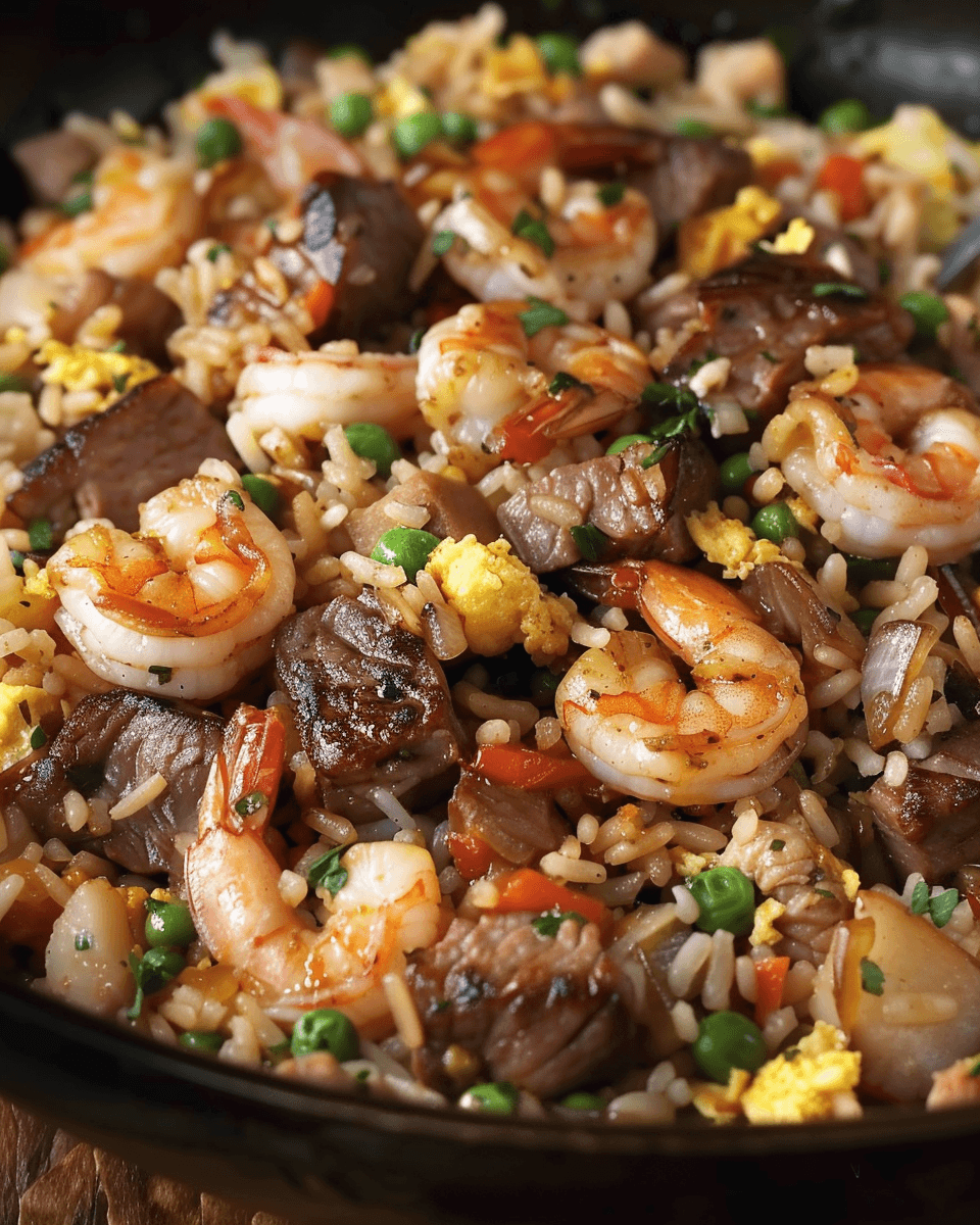 A vibrant bowl of Steak and Shrimp Fried Rice Supreme, featuring tender steak slices, succulent shrimp, and savory rice, garnished with fresh green onions.