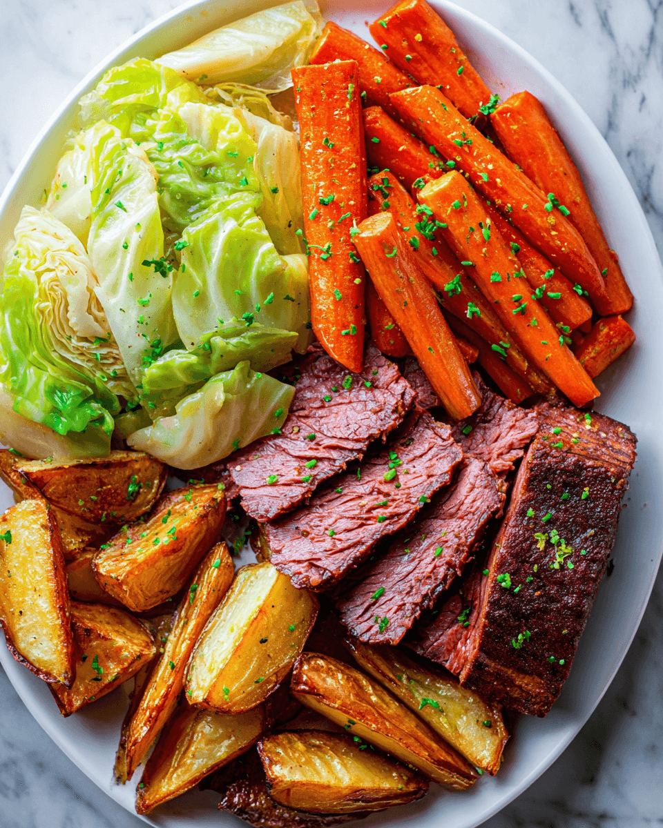 A generous serving of tender, slow-cooked corned beef and buttery soft cabbage on a plate, ready to be enjoyed. Hearty dinner.