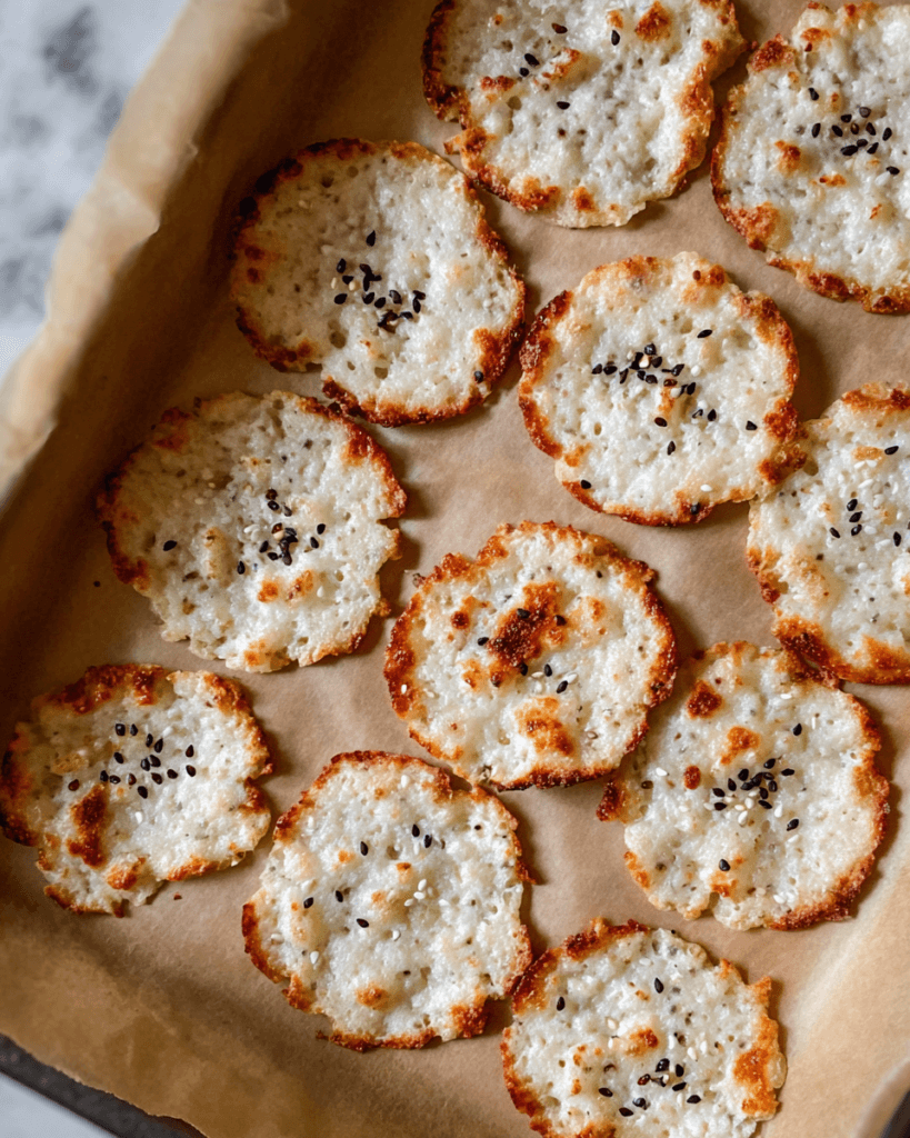 Golden brown, square-shaped high-protein cottage cheese chips, air fried until crispy, ready for snacking.